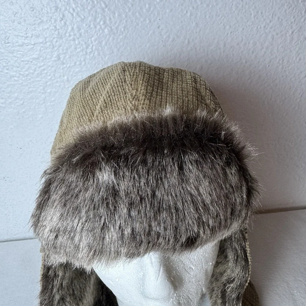 True Religion Men's Trapper Hat Cap Brown Tan One Size Faux Fur Lined Winter